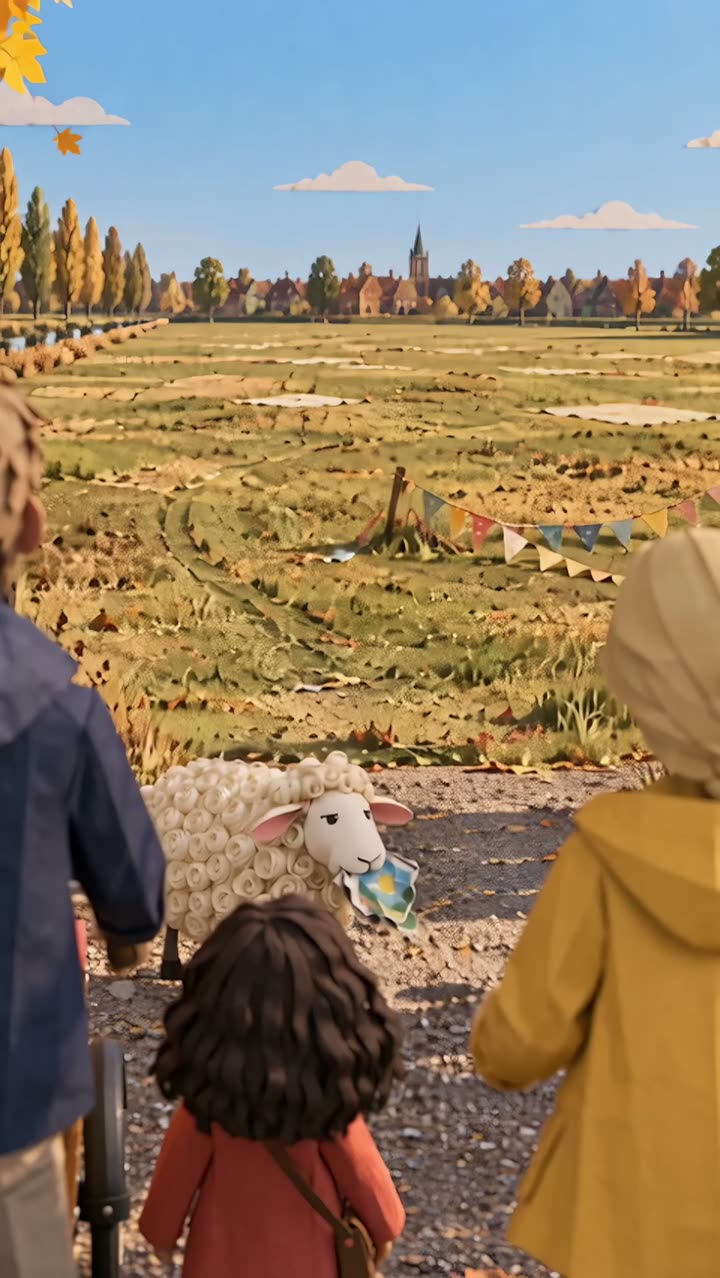 Eine Familie steht mit dem Lastenrad vor einer leeren Wiese.